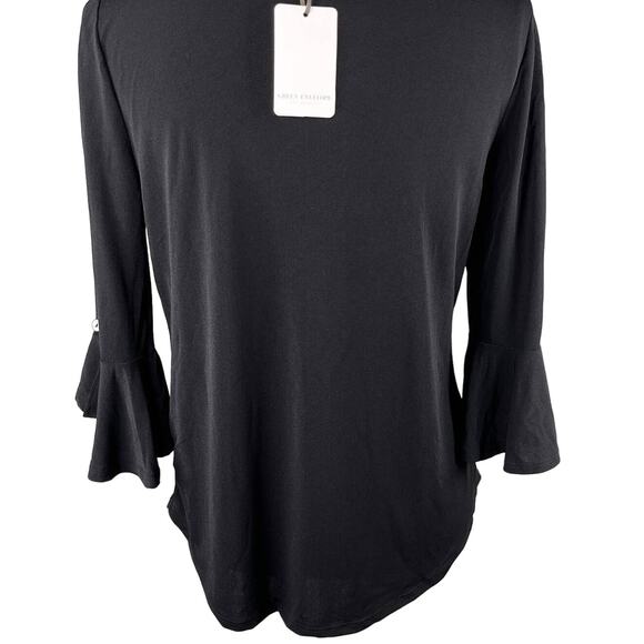 Green Envelope Top Black Small Bell Sleeves Cut Outs New - Picture 11 of 13